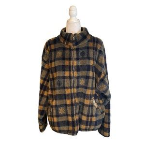 Kanata Made in Canada Gingham Fleece Maple Leaf Brown Black Zip Up Jacket Large
